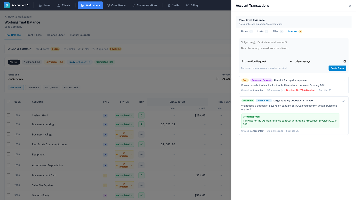 LunoFlow Workpapers Evidence Panel - notes, links, and client queries
