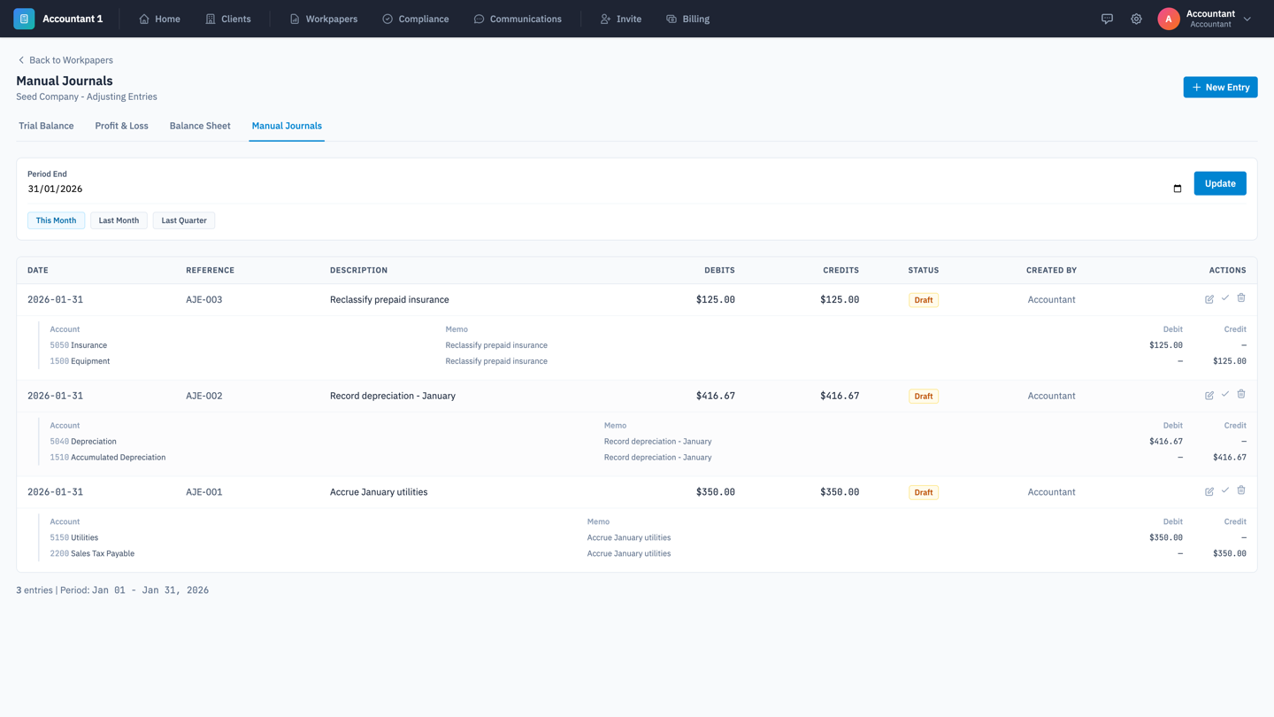 LunoFlow Workpapers Journal Entries - adjusting entries with audit trail