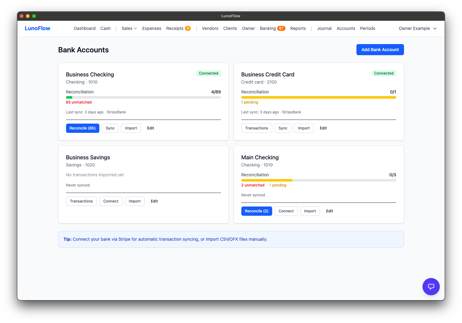 LunoFlow bank accounts with reconciliation progress