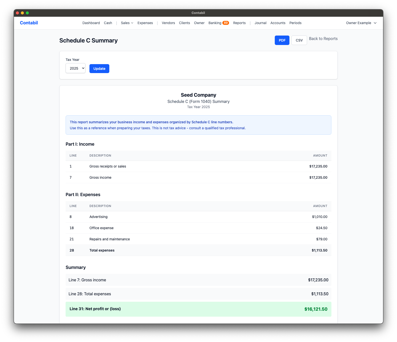 LunoFlow Schedule C Summary - Form 1040 with income and expenses by IRS line