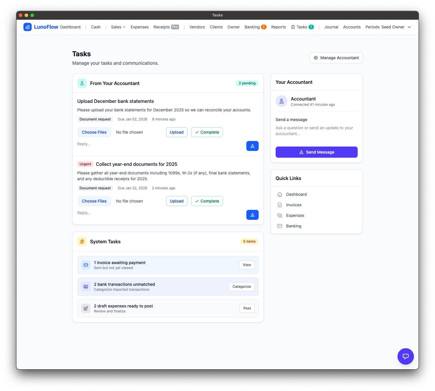 LunoFlow Tasks page - manage accountant requests and system tasks